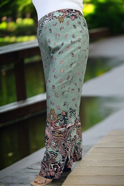 yagmurberen Ethnic Patterned Elastic Waist Full Lycra Extra Large Size Cotton Viscose Summer Pants