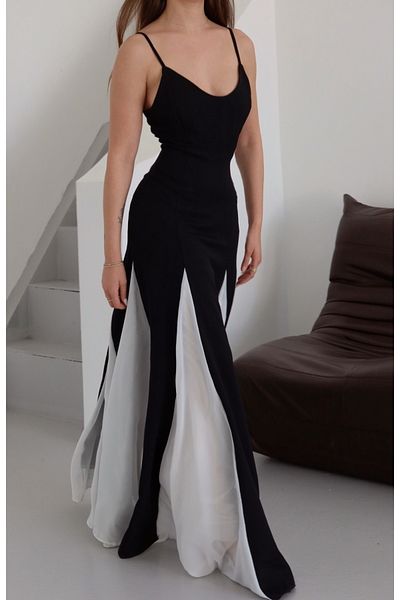 Laluvia Rochie lungă cu bretele reglabile alb-negru - 0205
