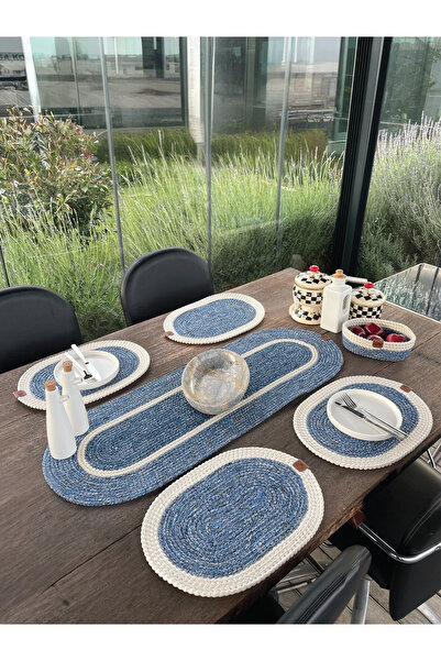 home inn Doğal İp - Leke Tutmaz 6’lı Masa Takımı | 4 Amerikan Servis, 1 Runne...