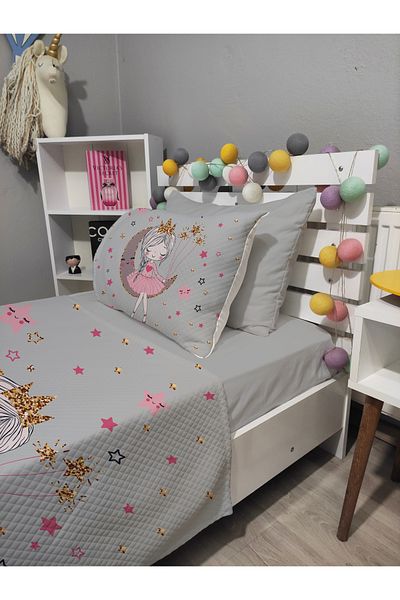 yok yok evim eve dair her şey 4 Piece Girl Sitting on the Moon Patterned Single Pi̇ke Bedspread Set with Elastic Sheets
