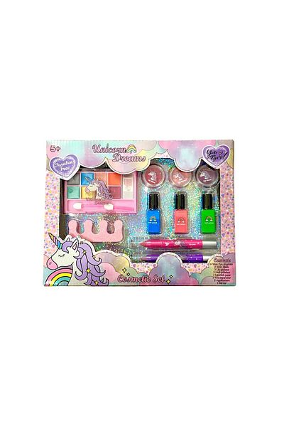 UNICORN Set Machiaj pentru copii, Non-toxic, +5 ani, 19 piese, 26x20x3 cm, Unicorn Dreams