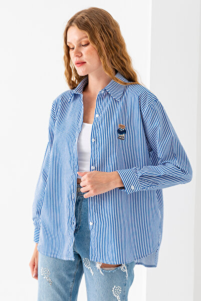 GİYSA قميص نسائي مخطط بأكمام طويلة ومطرز على شكل دمية دب أزرق - 6822