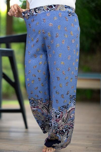 yagmurberen Ethnic Patterned Elastic Waist Full Lycra Extra Large Size Cotton Viscose Summer Pants