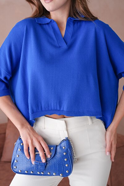 WOMAN VISION Πλεκτό ύφασμα Polo γιακά Oversize Mold Crop Saks Blue γυναικεία μπλούζα 002