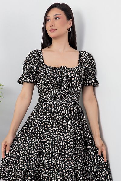 PULLIMM Square Neck Floral Pattern Gimpel Dress Shz20261