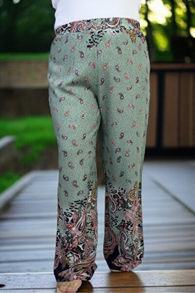 yagmurberen Ethnic Patterned Elastic Waist Full Lycra Extra Large Size Cotton Viscose Summer Pants