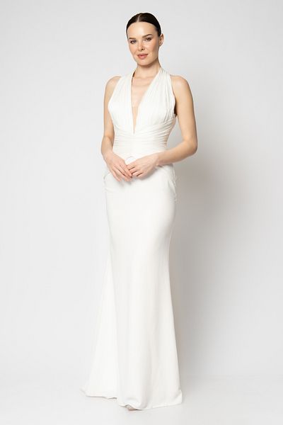 RENGIN Robe Longue Bodice Pleated Bodice Crepe Skirt Evening Dress