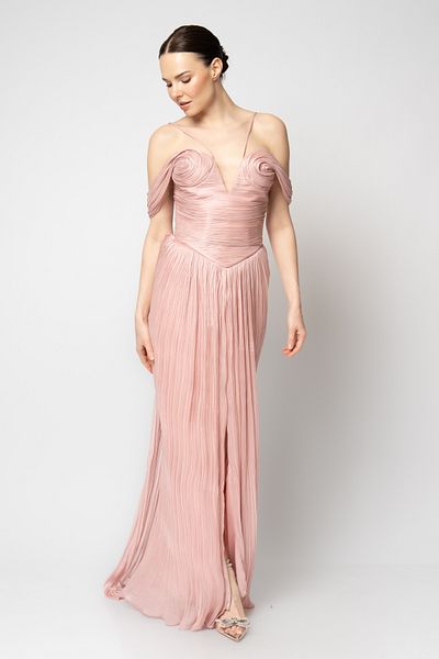RENGIN Breast Hand Draped Halter-Neck Slim Organza Evening Dress