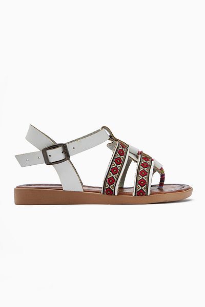 Limoya Genuine Leather Heam White Ethnic Patterned Sandals