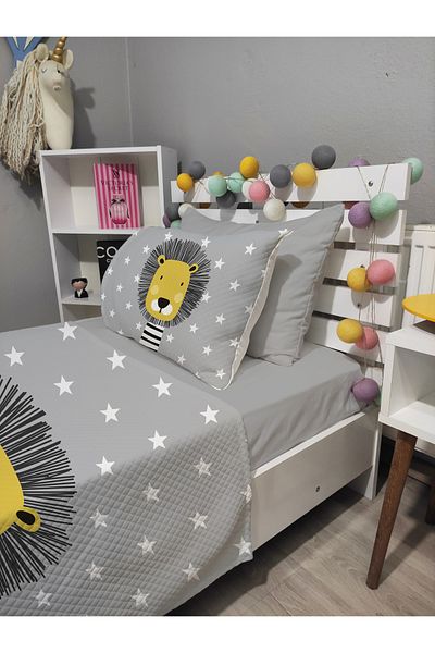 yok yok evim eve dair her şey 4 Piece Cute Lion Patterned Single Pique Bedspread Set with Elastic Sheets