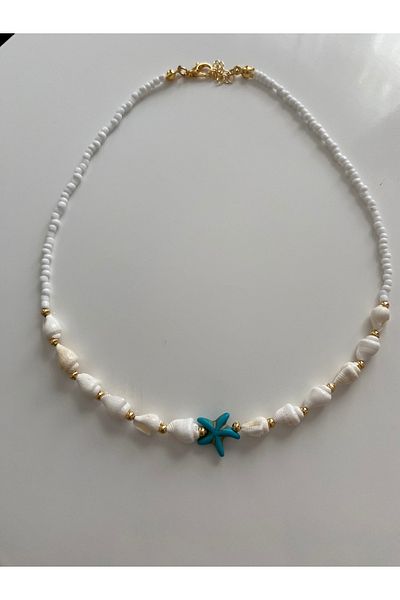 LUCK Women's Cream Colored Natural Stone Necklace with Sea Shells and Starfish