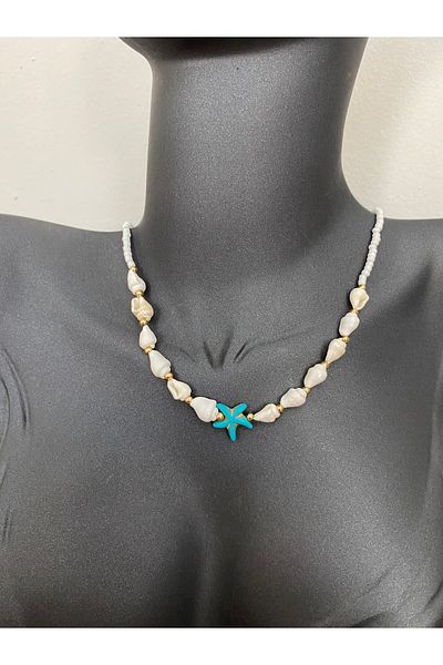 LUCK Women's Cream Colored Natural Stone Necklace with Sea Shells and Starfish