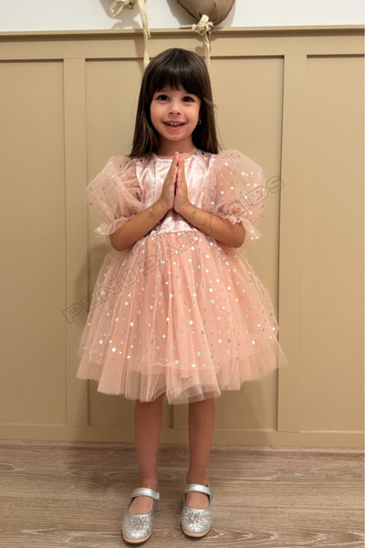 penu baby kids Powder Star Patterned Bow Short Balloon Sleeve Girl's Baby Girl Dress - Star