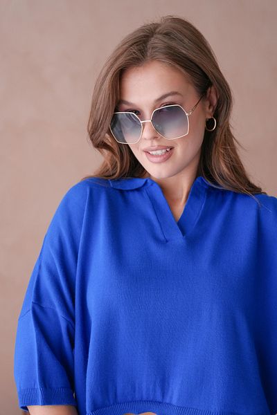 WOMAN VISION Tricoturi Tesatura Guler Polo Oversize Fit Crop Saks Blue Bluză pentru femei 002