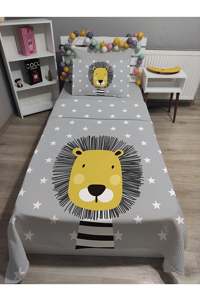 yok yok evim eve dair her şey 4 Piece Cute Lion Patterned Single Pique Bedspread Set with Elastic Sheets