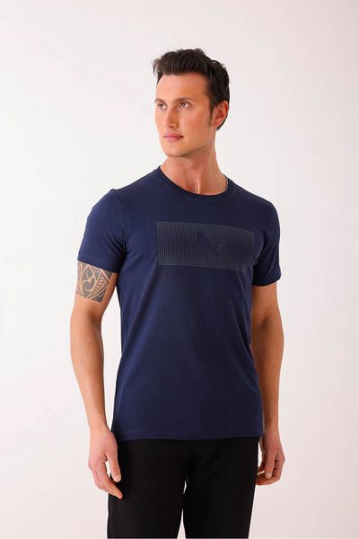 Decas Βασικό μπλουζάκι SOLEMNIS Slim Fit με στάμπα - Navy Blue