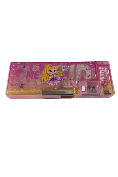 tüftürük Pink Pencil Case with Mermaid Double Compartment Watercolor Cover with Pencil Sharpener