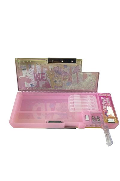 tüftürük Pink Pencil Case with Mermaid Double Compartment Watercolor Cover with Pencil Sharpener