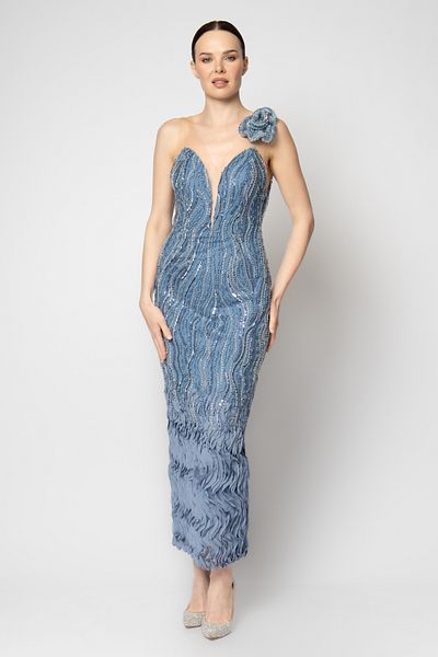 RENGIN One Shoulder Flower Tulle Strap Skirt Hem Wave Evening Dress