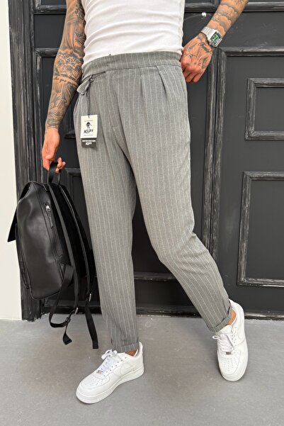 MADZEYMODA Men's Boyfriend Mold Double Leg Pleated Gray Fabric Trousers Ke-1025