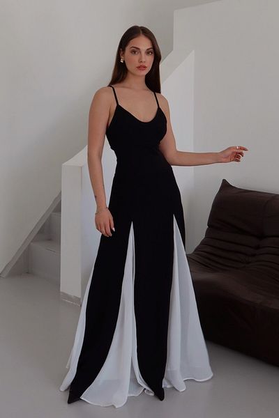 Laluvia Rochie lungă cu bretele reglabile alb-negru - 0205