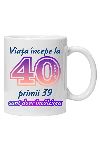 OEM Cană albă personalizată „Viața începe la”, 40 de ani, INOVATIX®. 330ml