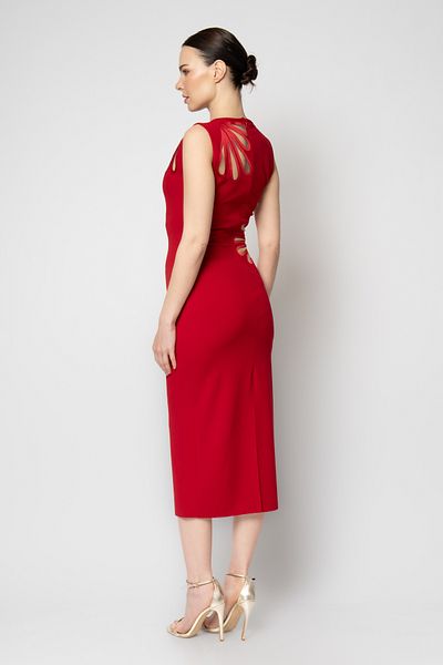 RENGIN Crepe Evening Dress with Laser Flower Cut on the Waist and Neckline