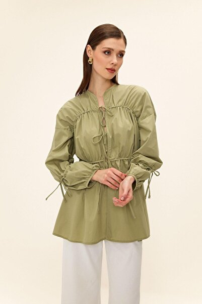 Olcay Shirring and Lacing Closure Shrug Shirt Cagla 9333