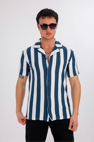 Decas Lucida κοντομάνικο ριγέ πουκάμισο - Navy Blue