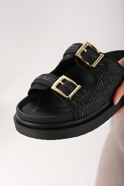 Mio Gusto Adara Black Color Straw Double Buckle Women's Slippers
