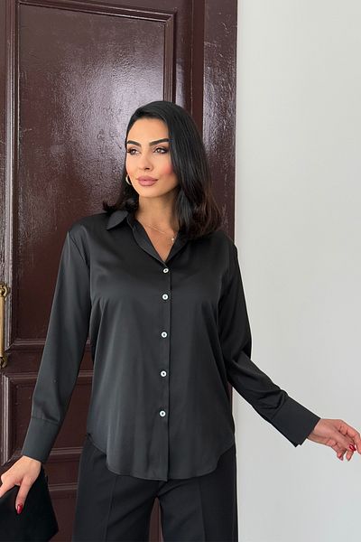 Ortaya Çık Black Lightly Flowing Satin Shirt