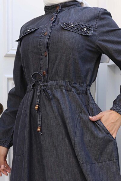 benguen Denim Dress with Stone Detailed Pockets Black 6768
