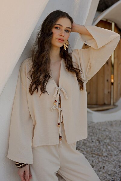 Olcay V-nyakú csipke részletes tunika nadrág szett BÉZS 9332-TK