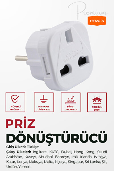Elevats Premium Ingiliz Priz (FİŞ) Çevirici Dönüştürücü Türk Prizi Ingiliz Prizine Çeviren Priz Dönüştürücü