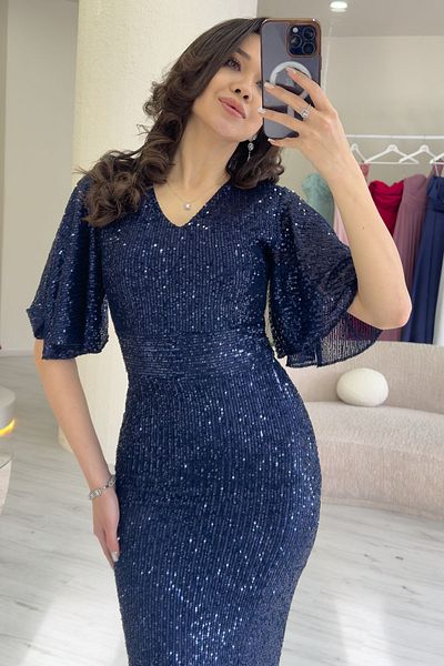 zks grup tekstil Γυναικείο βολάν μανίκι παγιέτες Fish Plus Size Βραδινό Φόρεμα Μαύρο, Κόκκινο, Μπεζ, Βιζόν, Ναυτικό Μπλε