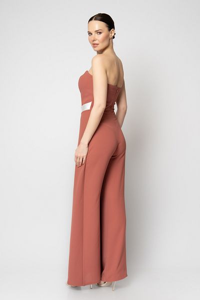 RENGIN Double Color Crepe Evening Dress Jumpsuit with Asymmetrical Cut Brooch Accessory on the Front