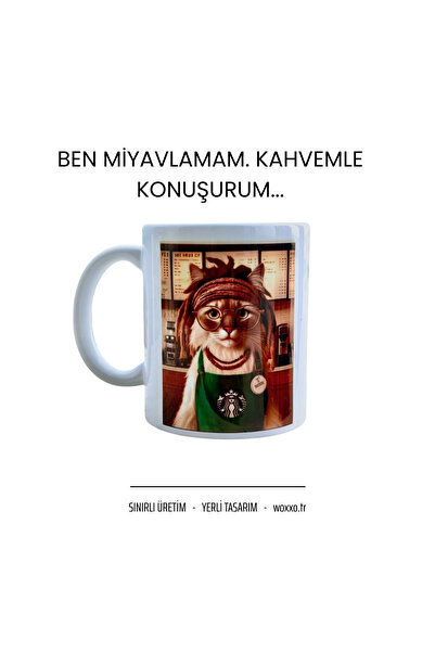 Barista Kedi Tasarımlı Eğlenceli Porselen Kupa