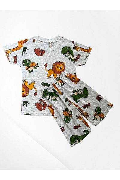 Pijamakids Boys' Cotton Gray Color Turtle Crocodile Safari Patterned Short Sleeve Shorts Summer Pajama Suit