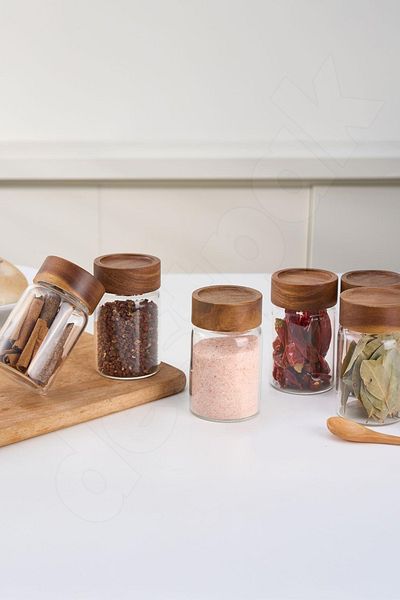 Destpak (Aacacia) 6 Pieces 240 ml Glass Spice Jar with Acacia Lid - Round Spice Set - 16 Pieces with Labels