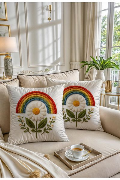 Hayal Dekoratif Punch Embroidery Pattern Digital Printed Colorful Floral Patterned Spring Themed 2-Piece Throw Pillow Pillow Case