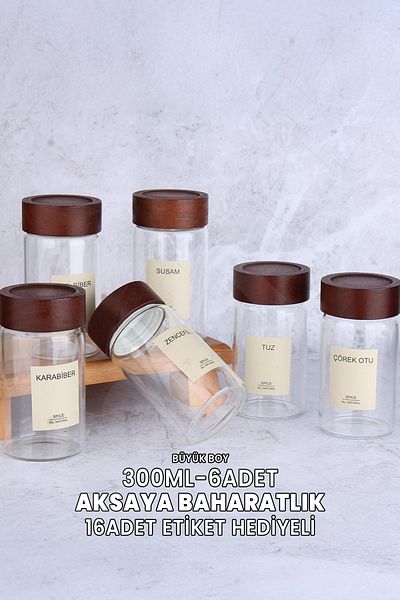 Destpak (Akcaya) 6 Pieces 300 ml Glass Spice Jar with Acacia Lid - Round Spice Set - 16 Pieces with Labels