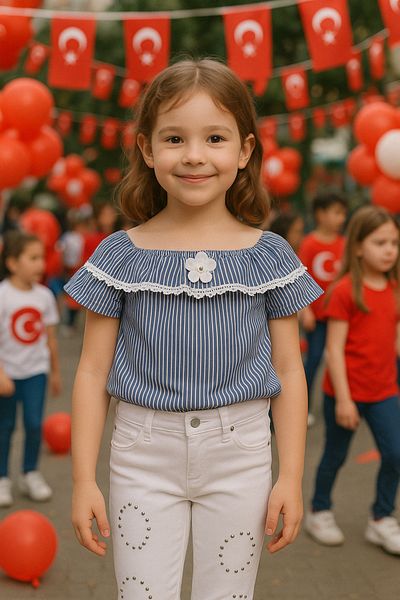 Hilal Akıncı Kids Striped Boat Neck Blouse and White Pants