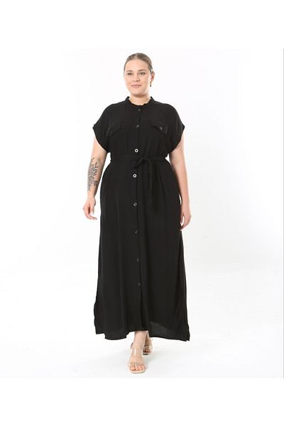 Şans Women's Plus Size Black, Front Buttoned Long Dress with Belt 65N38956