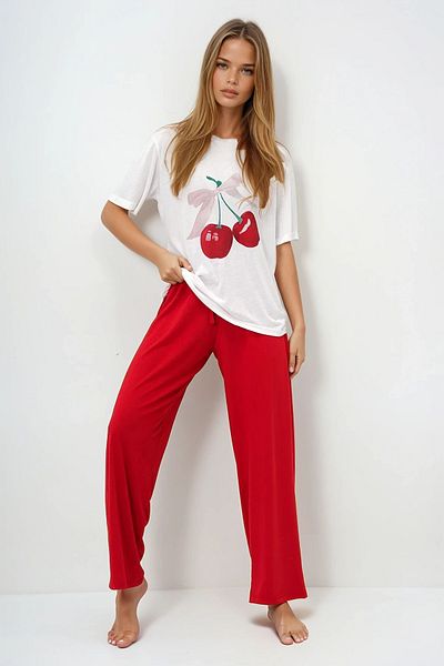 VAGGON Set de pijamale pentru femei, burgundă, cu decolteu, cu imprimeu și pantaloni de culoare uni Pjmx13883