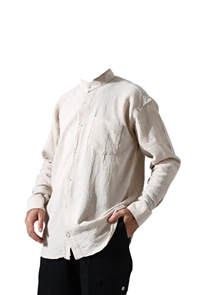 Çağrı Men's Judge Collar Long Sleeve Buttoned Muslin Shirt Beige