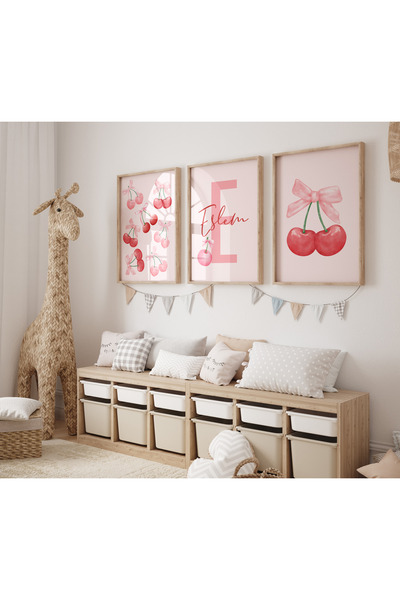 Rabadon Kiraz ve Fiyonk Temalı İsme Özel Düzenlenebilir 3lü Poster Seti Çocuk...