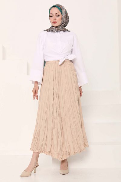 TOFİSA Elastic Waist Crinkle Skirt Beige - 27013