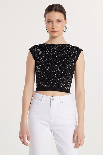Tudors Γυναικεία Slim Fit Zero Sleeve εμπριμέ πέτρινη μαύρη μπλούζα
