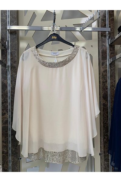 günay boutıque Large Size Collar and Skirts Blouse with Sequin Detail-Beige