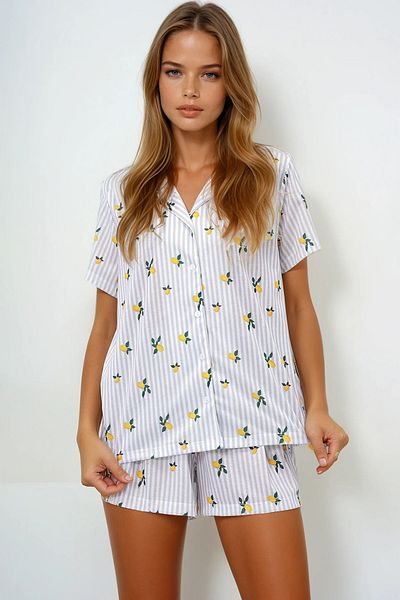 VAGGON Stripe Patterned Knitted Cotton Shirt and Shorts Pajama Set